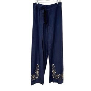 Soft Surroundings Womens Wrap Pants L Tall Navy Blue Embroidered Beaded Floral
